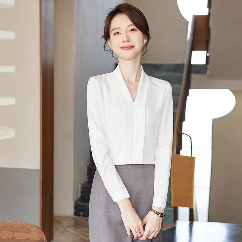 长袖抗皱免烫V领衬衫工作服