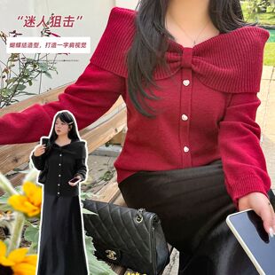 气质新年战袍红色蝴蝶结大码毛衣女2026春季新款本命年套头上衣潮