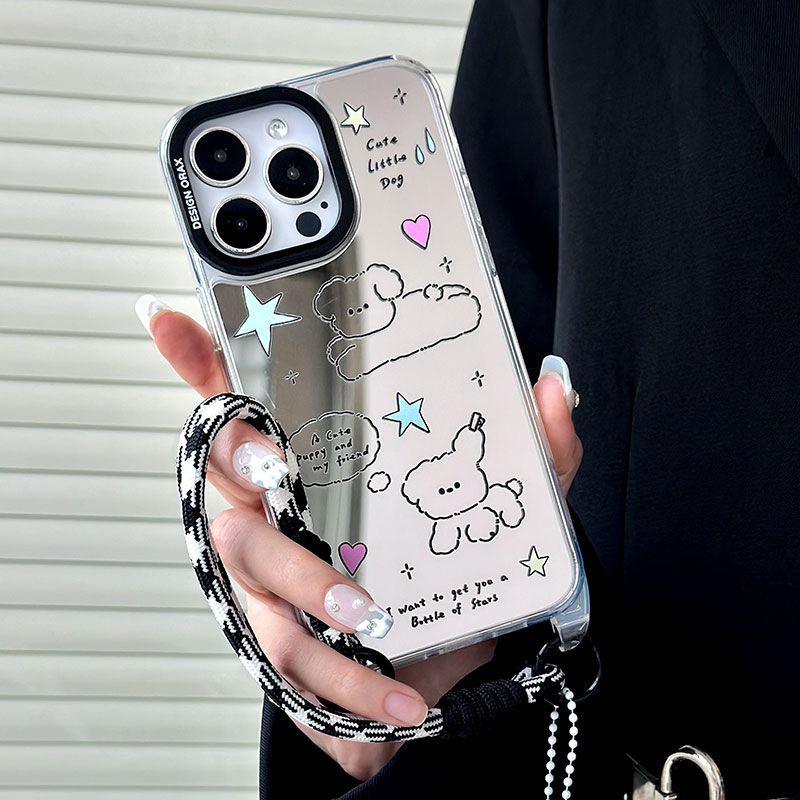 手提短绳便携补妆苹果卡通镜面