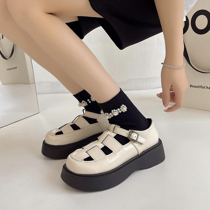 厚底包头罗马凉鞋女2024年夏季新款百搭洞洞鞋休闲编织镂空乐福鞋