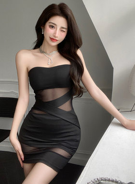 18YX1669欧美2025跨境外贸性感辣妹裹胸修身网纱拼接包臀连衣裙