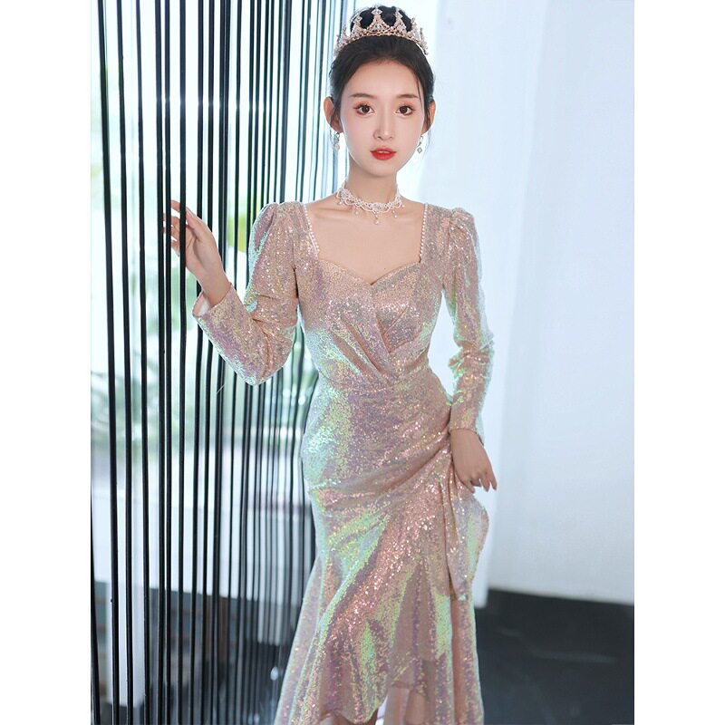 宴会气质晚礼服女2026新款鱼尾主持人连衣裙轻奢小众端法式方领