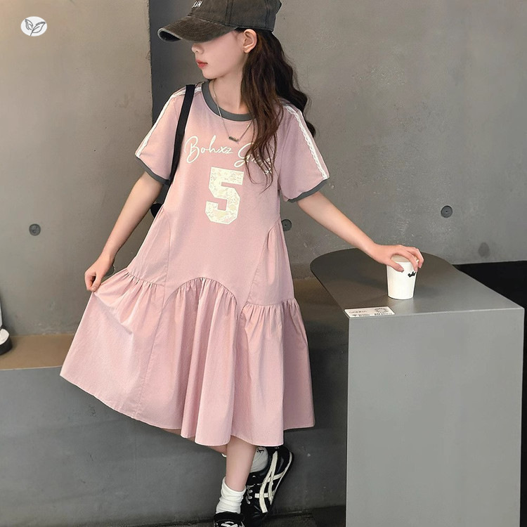 女童连衣裙2025夏季新款字母印花T恤裙中大童气质公主裙儿童裙子，童装连衣裙，祺儿童装