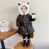 女童秋冬皮衣外套2025新款韩版女加绒连帽毛毛领蝴蝶结派克服P112，童装外套，祺妙童装