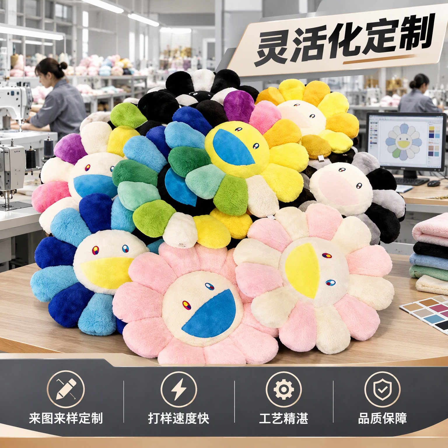 Cartoon Bunny Fur Colorful Sunflower Cushion Pillow Plush Sunf