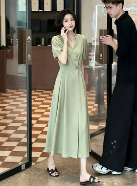 胖MM绿色法式连衣裙女夏季大码优雅气质女人味收腰遮肉显白衬衫裙