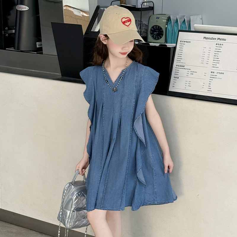 女童夏装连衣裙2025新款女大童夏装韩系背心裙儿童夏天牛仔无袖裙，童装连衣裙，祺妙童装