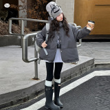 女童2025冬季新款级黑茶连帽外套女大童户外加绒保暖派克服外套，童装外套，祺儿童装