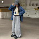 女童秋冬加绒裤子2025年新款中大童腰口撞色弯刀裤休闲阔腿裤长裤，童装裤子，祺儿童装