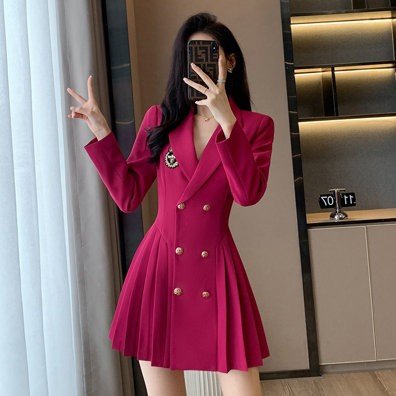七谷娘甜酷辣妹装御姐双排扣西装百褶裙级感收腰法式a字连衣裙
