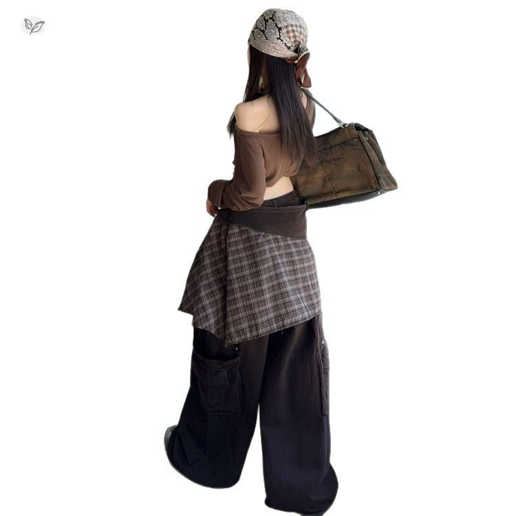 女童美式复古屁帘工装裤套装秋装2025新款中大童T恤阔腿拖地裤潮,童装休闲套装,祺儿童装