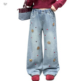 女童加绒阔腿裤2025年秋冬新款前片卡通刺绣牛仔裤中大童休闲长裤，童装裤子，祺儿童装