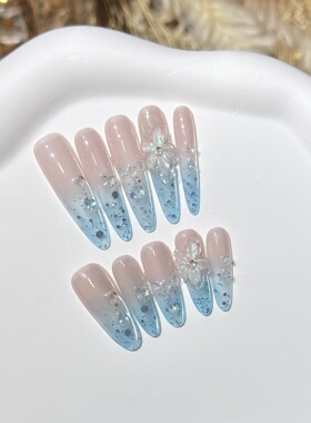 【蓝色眼泪】精品裸色渐变猫眼美甲冰透雕花手工穿戴甲甲片