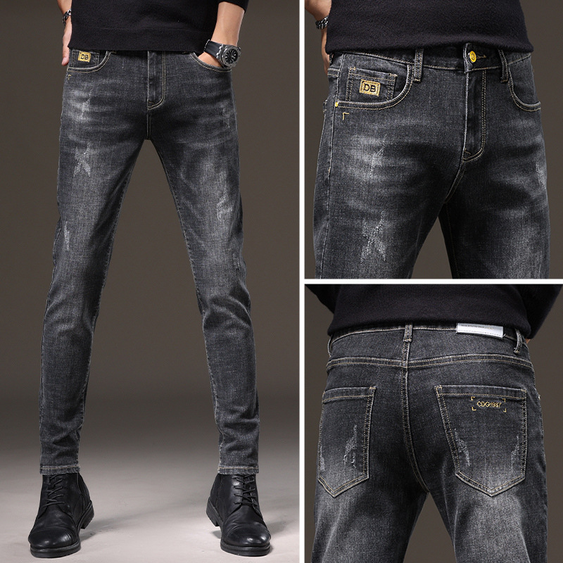春秋季黑色小脚牛仔裤修身靓仔青年男士弹力牛仔裤学生简约长裤子