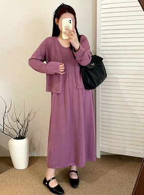 大码女装v领针织套装2025秋胖mm开衫背心连衣裙两件套裙23089乃粒