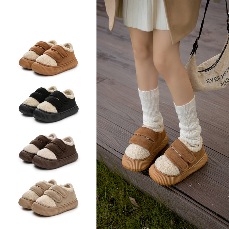 魔术贴饼干鞋冬天女室内家用厚底保暖棉拖鞋外穿防滑家居毛绒棉鞋