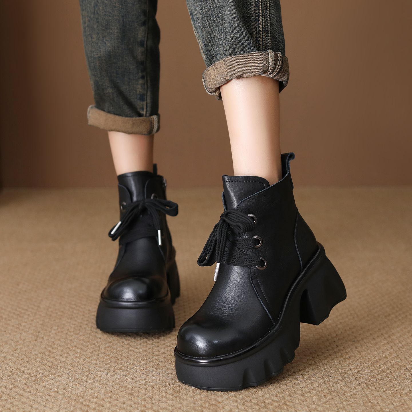 8.5cm粗高跟短靴真皮加绒棉靴女