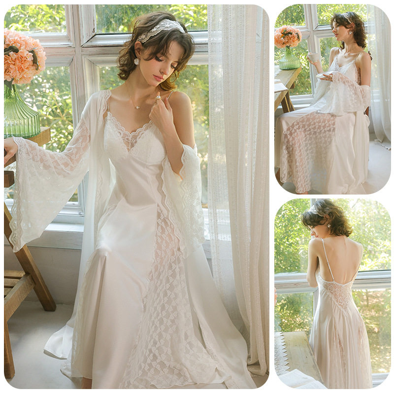 冰丝缎面带胸垫白色吊带睡裙两件套超长睡袍女仿真丝蕾丝大喇叭袖