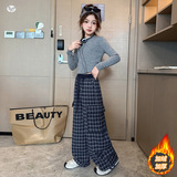 女童加绒工装裤2025年秋冬新款休闲格子阔腿裤中大童冬装直筒长裤，童装裤子，祺儿童装