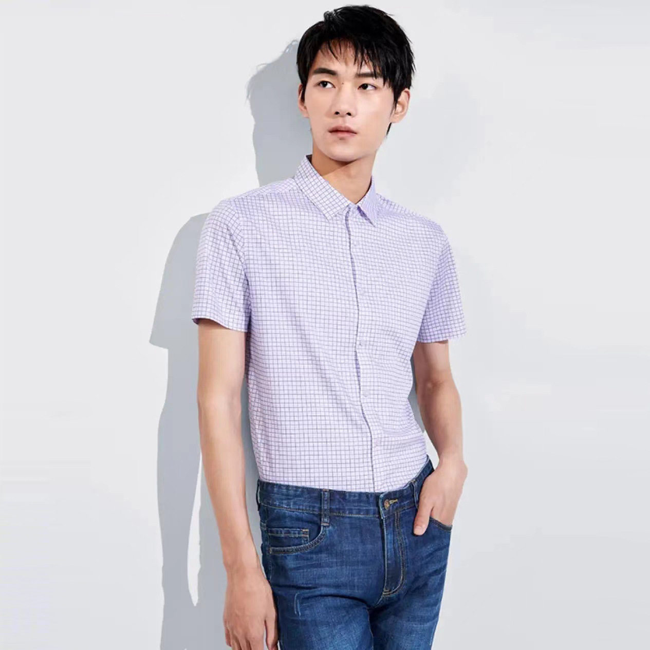 夏季新品短袖针织衬衫 优雅格纹柔软亲肤丝光棉质士短袖衬衣