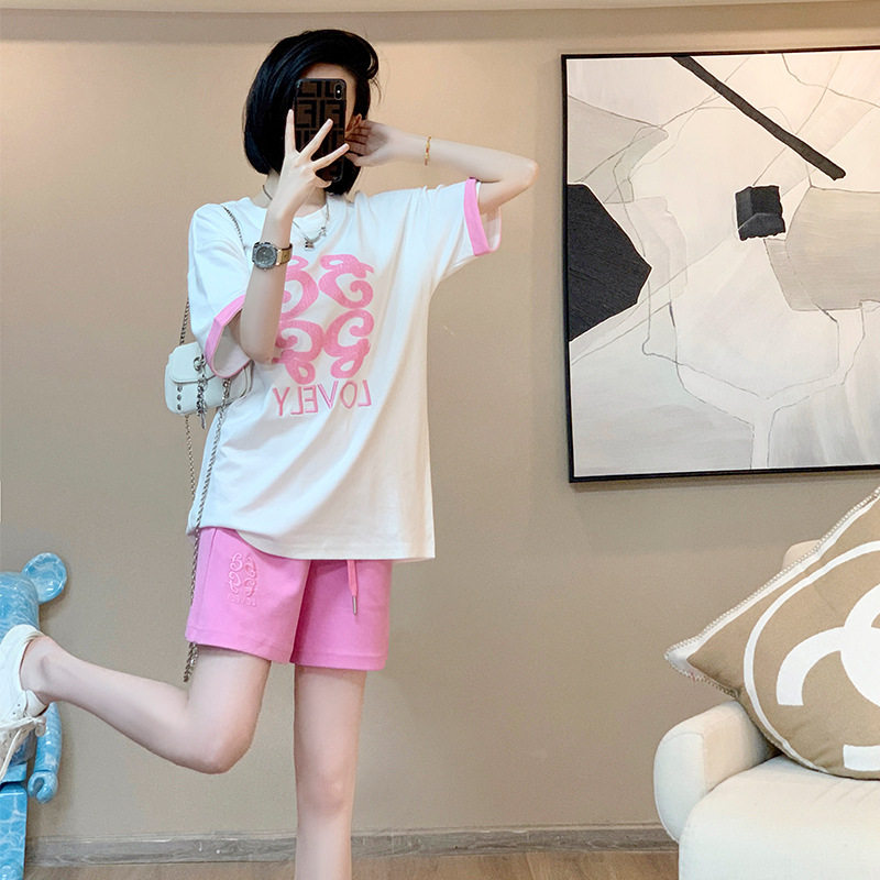 欧货T恤休闲运动套装女夏宽松洋气减龄字母短袖阔腿短裤两件套潮