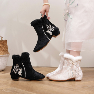 忆梦 冬季新款加绒方跟搭配旗袍新中式汉服绣花棉鞋中国风鞋子女