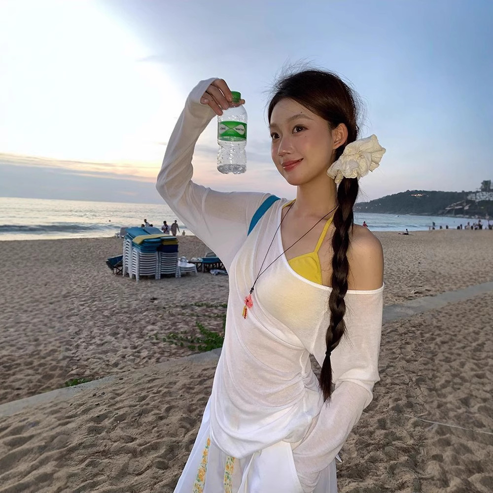 防晒罩衫女夏2025新款长袖白色t恤辣妹斜肩设计感上衣