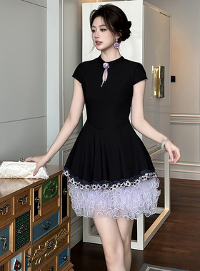 2205夏季新款女装新中式设计感立领收腰蛋糕蓬蓬旗袍连衣裙21707