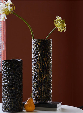 复古黑金直筒圆柱玻璃花茶几餐桌酒店样板房新年装饰品秋冬圣诞