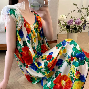 睡衣女春秋款棉绸睡裙春夏天女款网红风级感家居服长款沙滩裙
