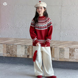 女童新年毛衣2025年冬季新款中大童费尔岛提花针织衫撞色长袖上衣，童装毛衣，祺儿童装