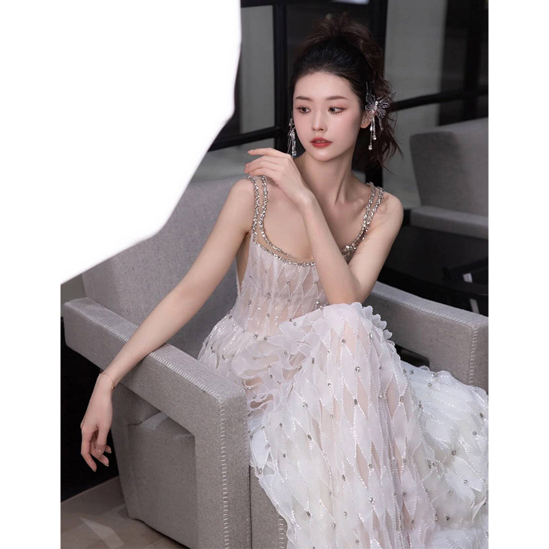 轻婚纱重工吊带级感法式超仙晨袍出门纱亮片明星同款宴会礼服裙