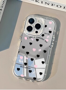 Pink black heart-shaped mirror case适用iphone 11 12 13 14 15 16 17 pro max XR XS MAX 7 8 PLUS