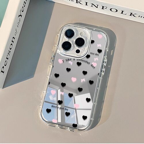 Pink black heart-shaped mirror case适用iphone 11 12 13 14 15 16 17 pro max XR XS MAX 7 8 PLUS