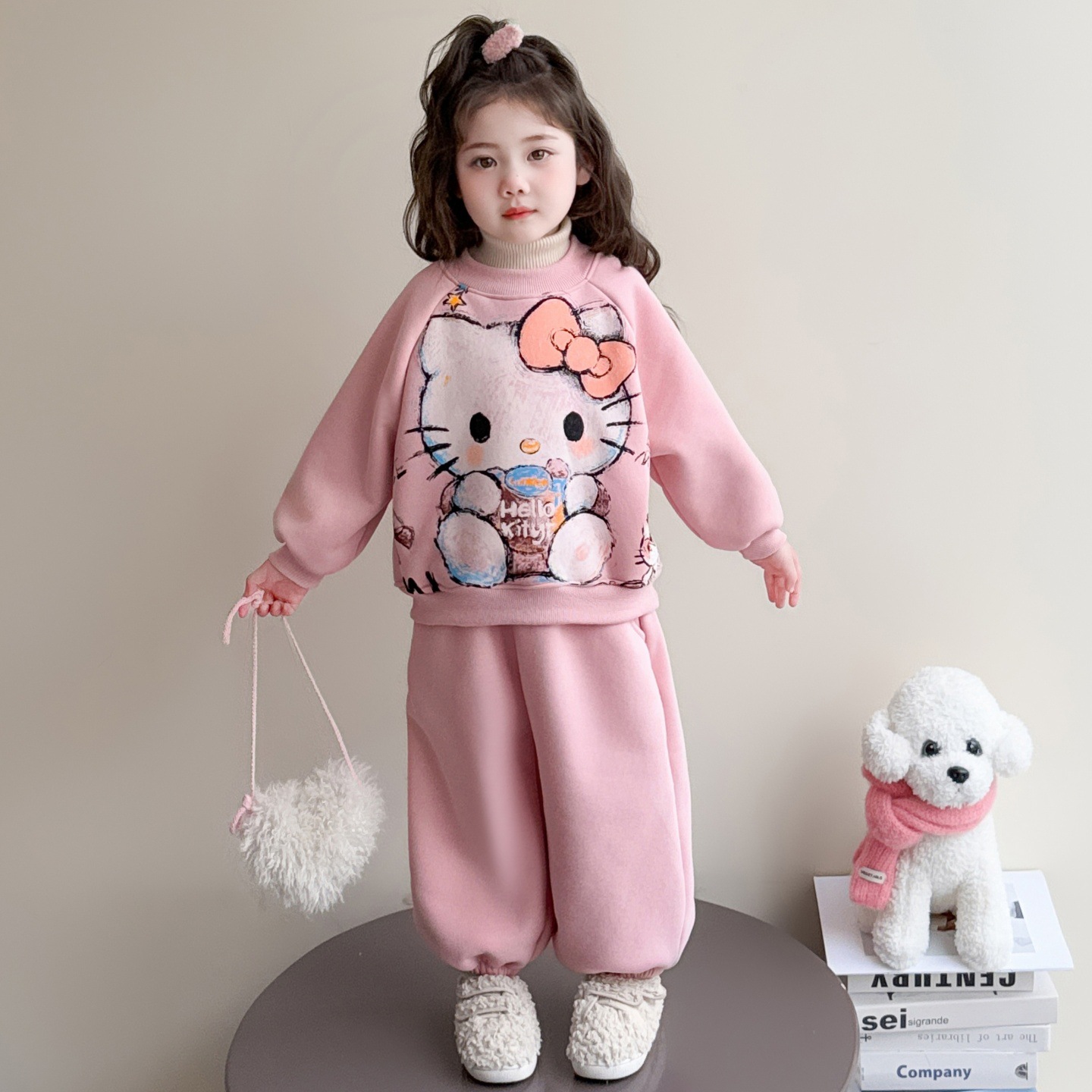 女童卡通卫衣加绒套装秋冬2025新款休闲儿童冬季保暖女两件套P87，童装休闲套装，祺妙童装