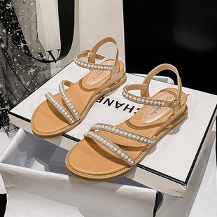 小码 夏天波西米亚珍珠罗马水钻一字带3cm坡跟露趾搭扣休闲女凉鞋