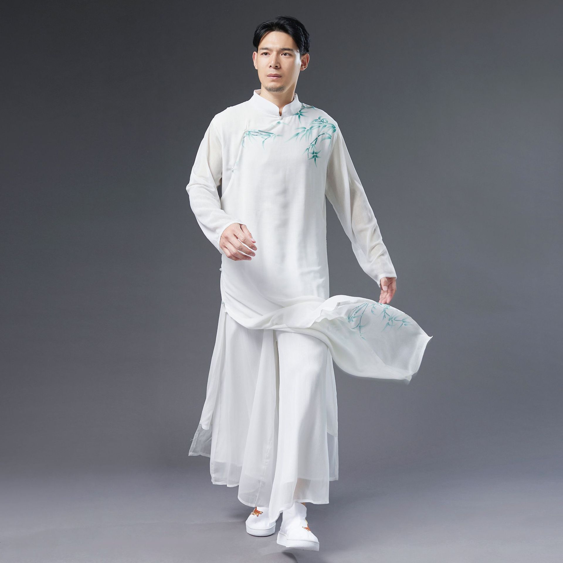 中国风复古25新款立领雪纺斜襟盘扣青年国潮汉服薄款书生飘逸长衫