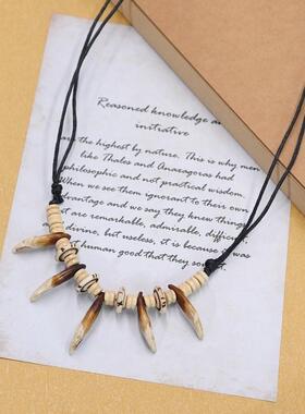 复古部落民族风狼狗牙牦牛骨项链女简约个性长短款野性挂件配饰