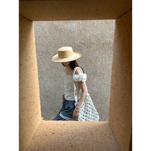 龄两穿泡泡袖 一字肩上衣女夏褶皱吊带背心女外穿