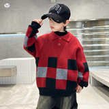 童加厚毛衣2025年秋冬新款中大童休闲翻领针织衫格子拼接打底衫，童装毛衣，祺儿童装