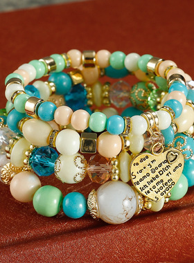 时尚简洁多层组合波西米亚金属爱心坠气质多层珠女时尚手串手链