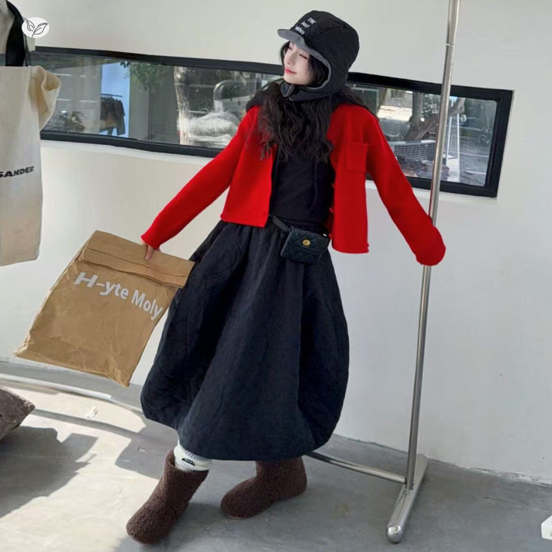 女童加厚毛衣套装2025年秋冬新款韩系针织开衫灯笼裙两件套中大童，童装休闲套装，祺儿童装