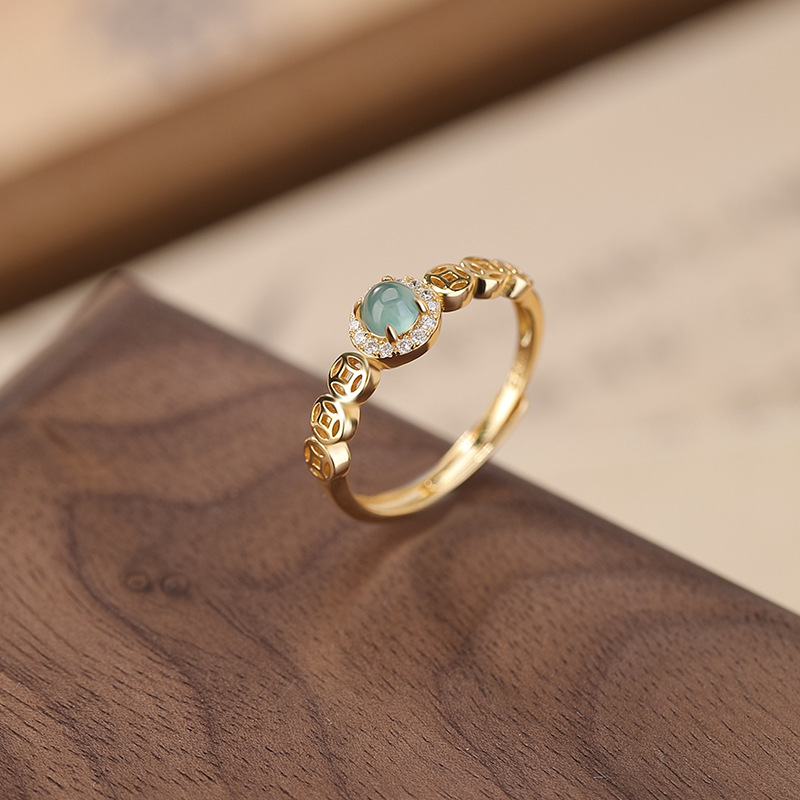 银S925纯银镀金蓝水翡翠复古轻奢国风钱币圆珠戒指镂空银指环