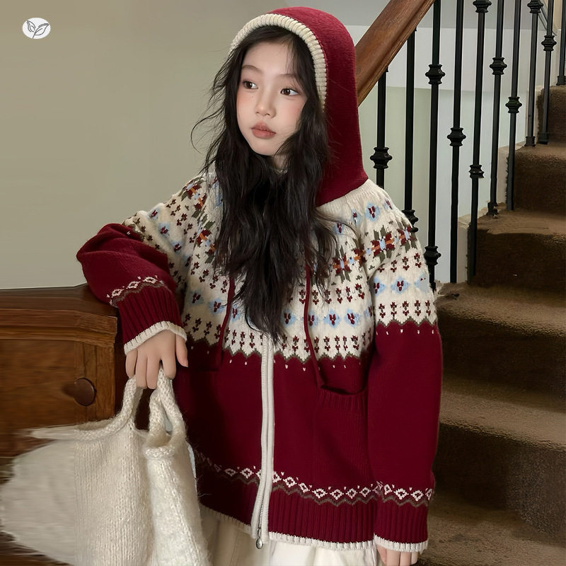 女童2025年春秋新款圣诞毛衣女大童提花连帽针织衫外套可内搭外穿，童装毛衣，祺儿童装
