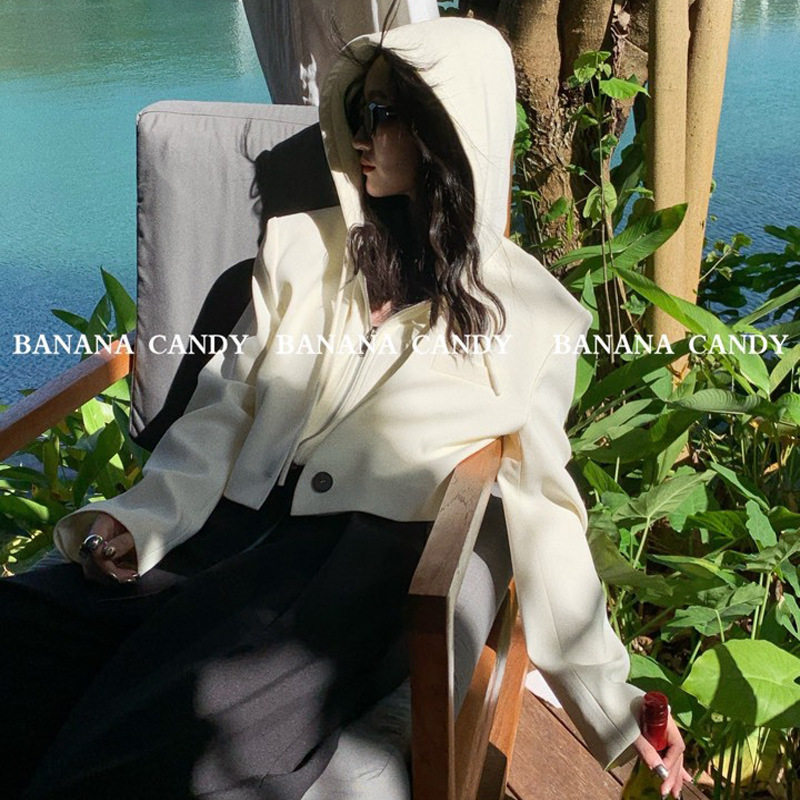 小众休闲假两件连帽短外套~甜酷设计款春装拼接西装夹克女0243