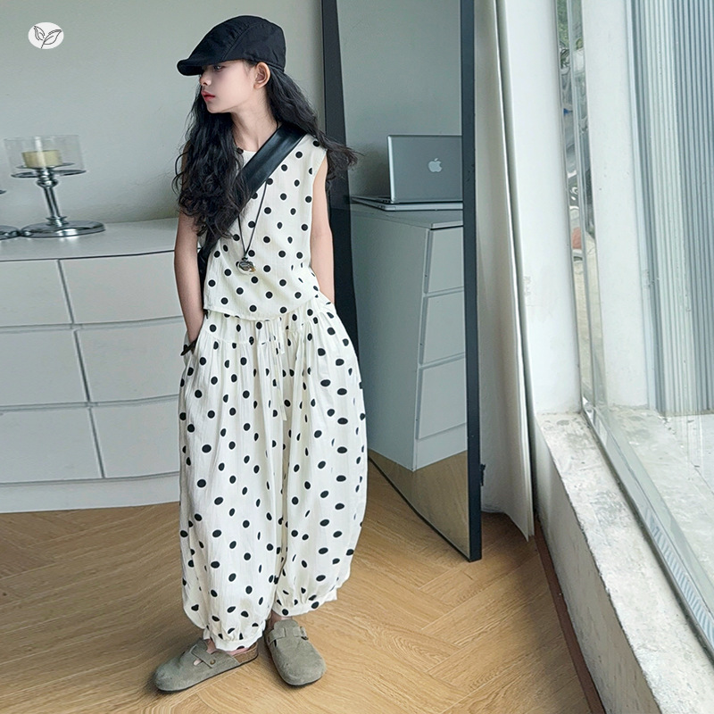 女童夏季套装2025新款圆点无需上衣灯笼裤两件套中大童休闲阔腿裤，童装休闲套装，祺儿童装