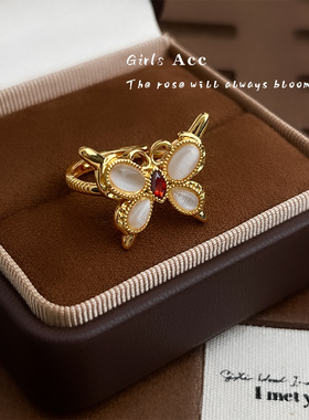 玻璃猫眼石蝴蝶指环镀18K金轻奢锆石食指戒时尚开口中古戒指女