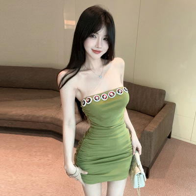 18YX3722欧美2025跨境外贸时尚辣妹抹胸露背褶皱修身包臀连衣裙女