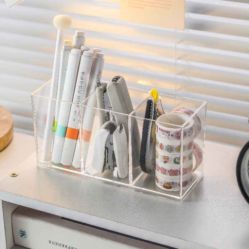 文具多功能笔架桌面收纳亚克力分格透明笔筒公室笔筒大容量收纳盒