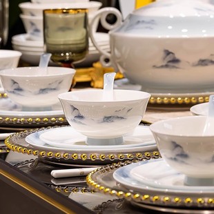 烟雨江南景德镇白瓷青瓷釉下彩中式碗碟酒店碗筷盘家用品自由组合